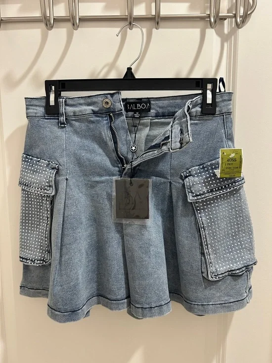 Balboa Denim Mini Skirt with Rhinestone Cargo Pockets - Light Blue - Picture 3 of 7